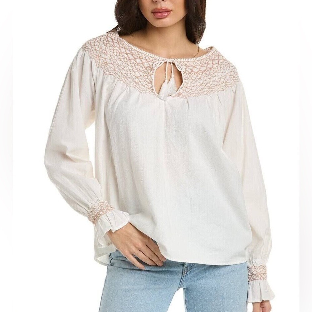 NWOT Faherty Laura Embroidered Smock Neck Top - Small